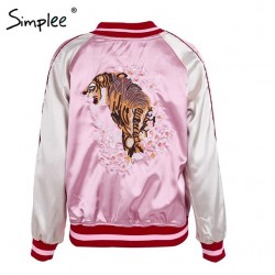Simplee pink / blue Embroidery satin casual reversible jacket