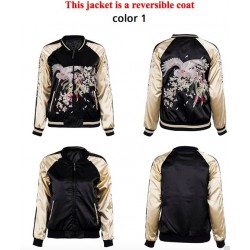 Simplee Embroidery basic jacket coat  sukajan Vintage Autumn 2017 gold satin bomber jacket Women rev