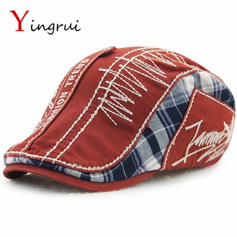 100 Cotton New Arrival Letter Embroidery Peaked Beret Hat For Men Patchwork Plaid Pure cotton Newsb