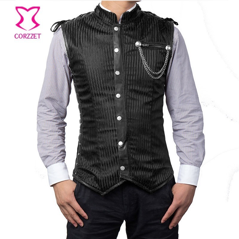 6XL Plus Size Black Striped Chains Stand Collar Sleeveless Steampunk Vest Gothic Corset Jacket Coat