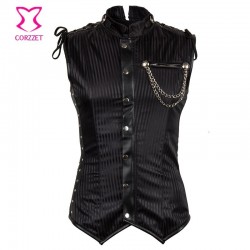 6XL Plus Size Black Striped Chains Stand Collar Sleeveless Steampunk Vest Gothic Corset Jacket Coat