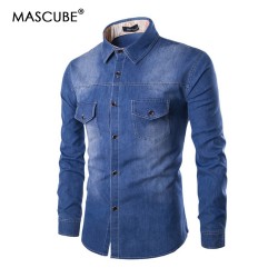 MASCUBE moda hombres camisa de marca 2018 Hombre Camisetas de manga larga Casual Color slido Denim