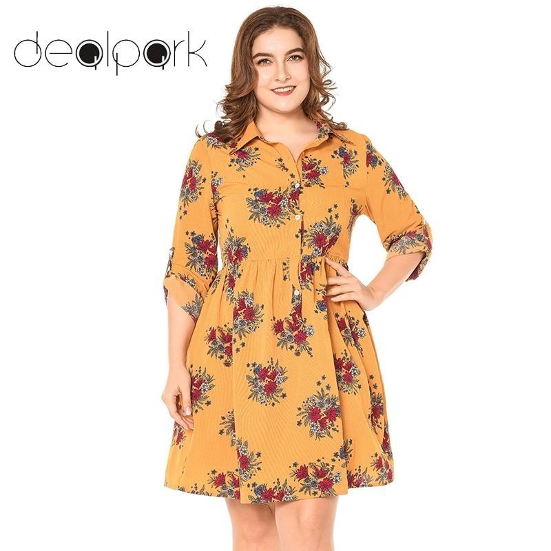 Plus Size 3XL 4XL 5XL Women Shirt Dress Floral Print Rolled Sleeve Turn Down Collar Buttons Pleated