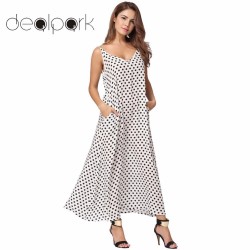 Women Plus Size Dress Vintage Polka Dot Print V Neck Sleeveless Loose Long Dresses Beach Bohemian Ma