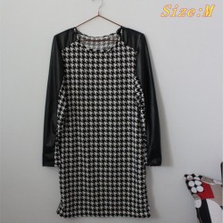 New fashion winter spring sexy club PU full sleeve sheath mini plaid bodycon vintage elastic cotton