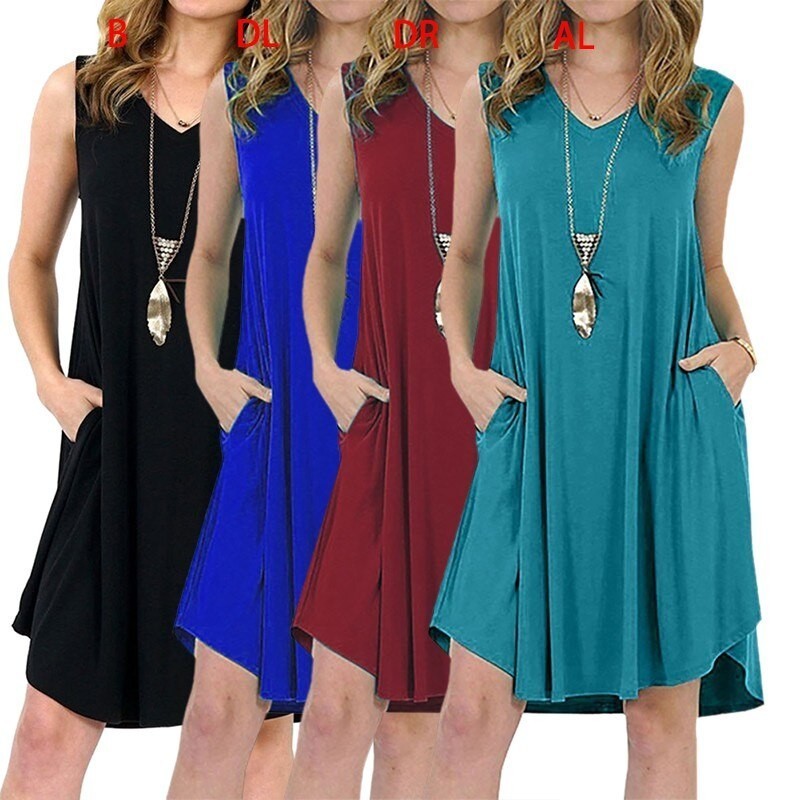 2019 New Hot Women Casual Dress Sleeveless Pocket Fashion Solid Color Dress V-neck Mini Dress Plus S