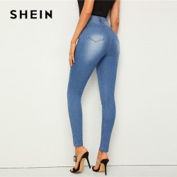 SHEIN Bleach Wash Pocket Stretchy Skinny Jeans Woman Casual Denim High Waist Jeans Button and Zipper