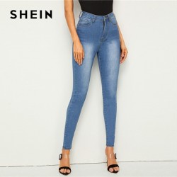 SHEIN leja lavado bolsillo elstico Skinny Jeans Mujer Casual Denim cintura alta Jeans botn y crem
