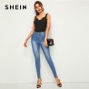 SHEIN Bleach Wash Pocket Stretchy Skinny Jeans Woman Casual Denim High Waist Jeans Button and Zipper