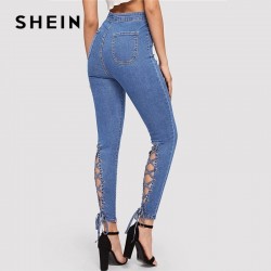 SHEIN Blue Zip Fly Lace Up...