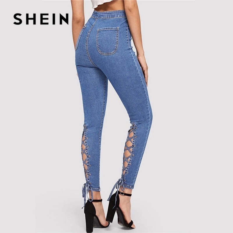 SHEIN Blue Zip Fly Lace Up Crisscross Knot Skinny Jeans Woman Spring Summer High Waist Jeans Stretch