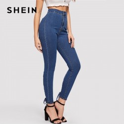 SHEIN Blue Zip Fly Lace Up Crisscross Knot Skinny Jeans Woman Spring Summer High Waist Jeans Stretch
