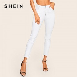 SHEIN Zip Up Pocket Skinny Jeans Woman Casual Mid Waist White Jeans Stretchy Solid Spring Summer Lad