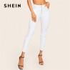 SHEIN Zip Up Pocket Skinny Jeans Mujer Casual media cintura blanco Jeans elstico slido Primavera V