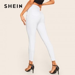 SHEIN Zip Up Pocket Skinny Jeans Woman Casual Mid Waist White Jeans Stretchy Solid Spring Summer Lad