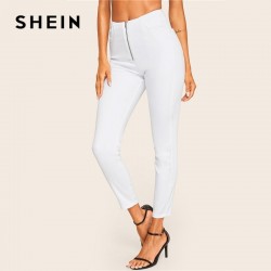 SHEIN Zip Up Pocket Skinny Jeans Mujer Casual media cintura blanco Jeans elstico slido Primavera V