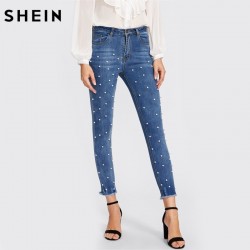SHEIN Pearl Beaded Frayed Hem Jeans Casual Womens Skinny Jeans Denim Autumn High Waist Bleached Wome