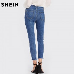 SHEIN Pearl Beaded Frayed Hem Jeans Casual Womens Skinny Jeans Denim Autumn High Waist Bleached Wome
