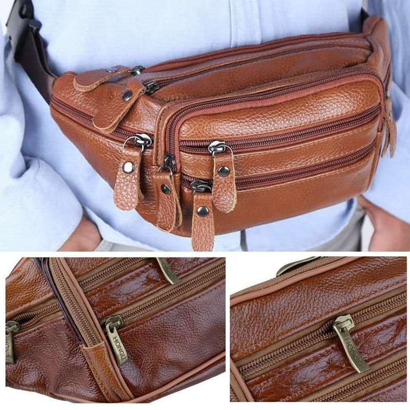 Mens Vintage Leather Waist Bag Portable Male Zip Pocket Genuine Leather Pack Casual Functional Mone