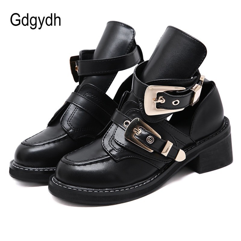 Gdgydh hebilla de Metal zapatos de tacn cuadrado para mujer zapatos de plataforma de punta redonda