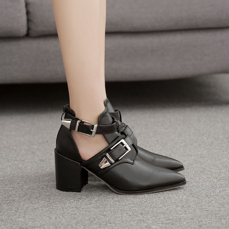 Botas de mujer GENSHUO botas de tobillo huecas Vintage botas de goma de Punta puntiaguda zapatos de